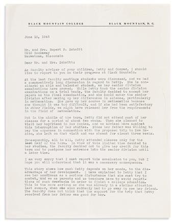 ALBERS, JOSEF. Typed Letter Signed, Albers, to Mr. and Mrs. Rupert P. Schmitt, as Faculty Advisor at Black Mountain College,